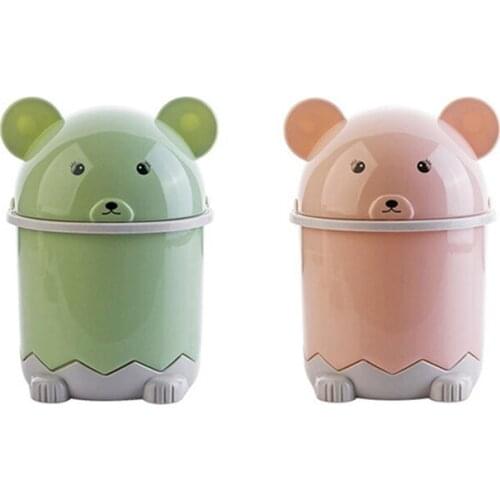 2Pcs Creative Cute Desktop Trash Desktop with Lid Small Paper Basket Mini Flip Plastic Trash Can - Green & Pink