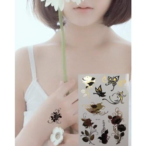 2017 New Arrival Sexy body art butterfly and roses Temporary Tattoos, Metallic Waterproof Flash Tattoos
