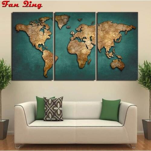 Diamond Painting Wall Art Fashion Vintage Continent Map 3pcs Full Square Round Rhinestone Diy Cross Stitch Mosaic Embroidery