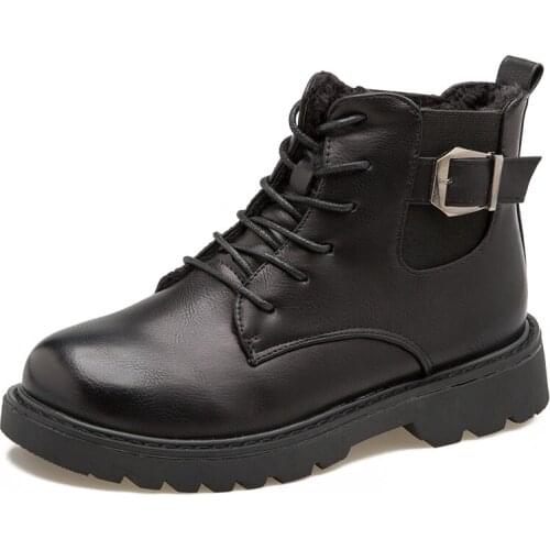 New PU Black Leather Vogue Ankle Boots Autumn Winter Women Boots Warm Plush Solid Lace-up Buckle European Ladies Shoes Woman