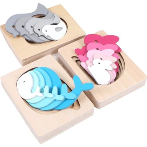 Montessori Wooden Five Layers Animal Card Gradient Puzzle Toy Preschool Whale Elephant Rabbit Multilayer Puzzle Educational Toys