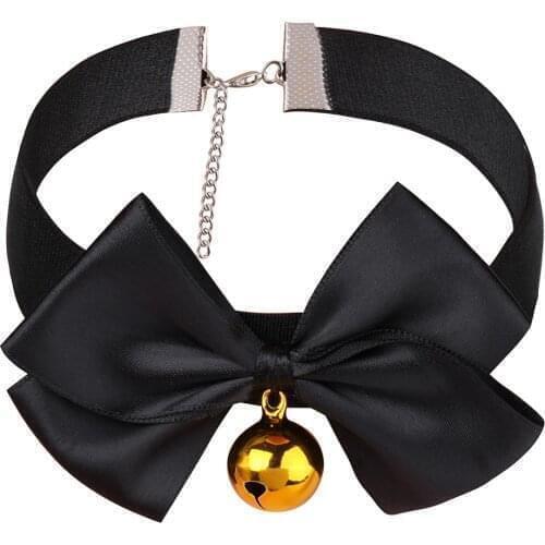 Women Girls Fashion Jewelry Necklace Torques Adjustable Soft Ribbon Bow and Bell Choker Collar Necklace Dress Up Party Cat Role