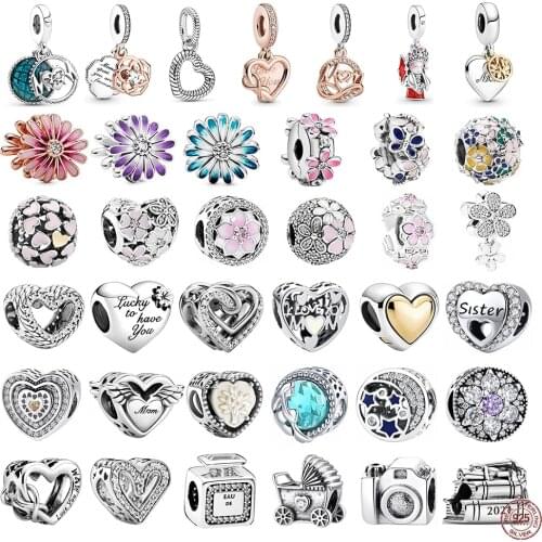 Hot Selling 100% Genuine 925 Silver Daisy Flower Charm Love Heart Bead Charm Fit Original Pandora Bracelet DIY Ladies Jewelry