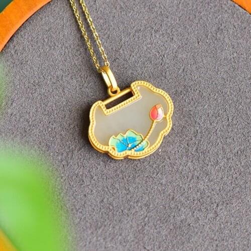 Natural Hetian Jade Necklace Womens Lotus Safety Lock Long Life Jade Lock Natural Jade Pendant Womens Enamel Antique Pendant