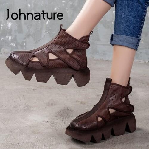Johnature Platform Sandals 2021 New Spring Genuine Leather Women Shoe Hook & Loop Retro Flat With Sewing Handmade Ladies Sandals