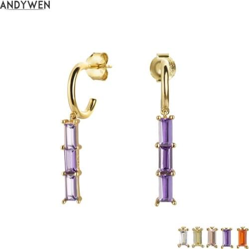 ANDYWEN 925 Sterling Silver Purple Long Line Circle Hoops Women Slim Dangle Charm Crystal CZ Huggies Piercing Round Jewelry