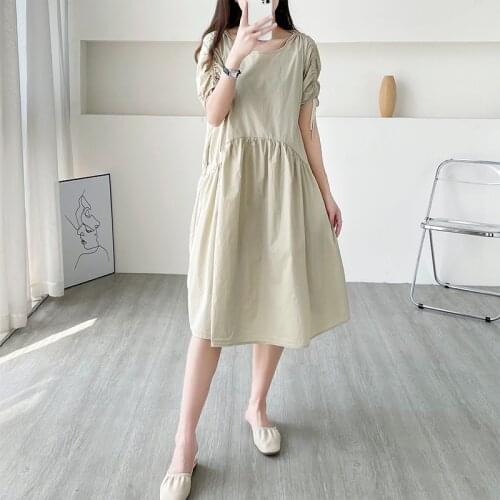 Korea Chic Retro O-Neck Dress Womens 2021 Summmer Loose Solid Color Irregular Wrinkle Puff Sleeve Dress Female Vestidos Mujer