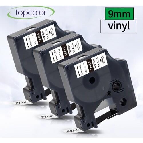 Topcolor 3PK Compatible Dymo Rhino 18443 Label Tape Permanent Vinyl 9mm Black on White for Rhino 5200 4200 6000 3000 Label Maker