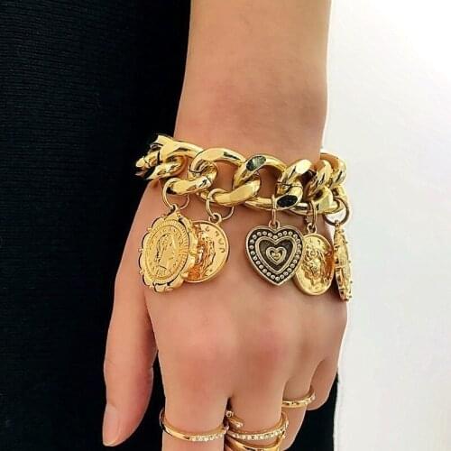 Personality Women Hip Hop Gold Plated Bracelet Punk Chain Cuban Bracelet Heart Relief Geometric Pendant Bracelet Jewelry
