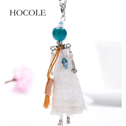 Fashion Sweet French Doll Princess Necklace Cloth White Dress Long Silver Chain Pendant Maxi Necklaces Jewelry for Womens Girls