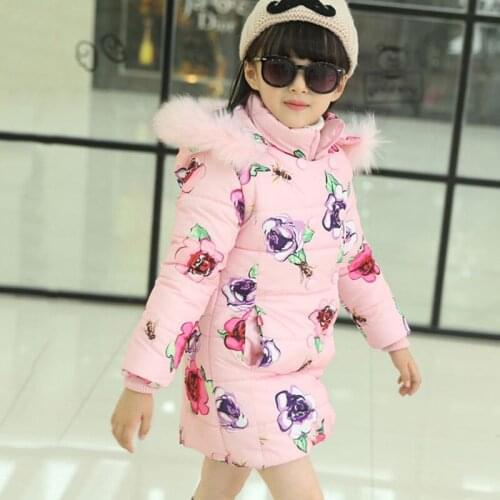 1 Pcs Fashion Winter Warm Long Floral Overcoat Coat for Girls Medium-long Children Clothing Cotton-padded with Fur Hood Cloth