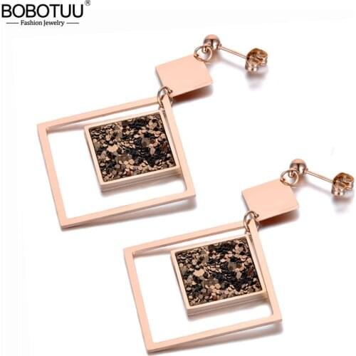 BOBOTUU Fashion Sparkling Stainless Steel Geometric Square Drop Earrings Bohemia Style Creative Jewelry For Women Girls BE19287
