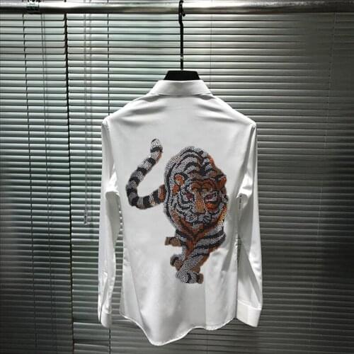 Personality Tiger Hot Rhinestone 2021 Hip Hop Street Fashion Men Shirt Brand Rock Long Sleeve Breathable