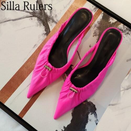 Runway Pointed Toe pring Cat Heels Slippers Woman Shallow Genuine Leather Party Shoes Women Designer Elastic Mules Shoes Woman