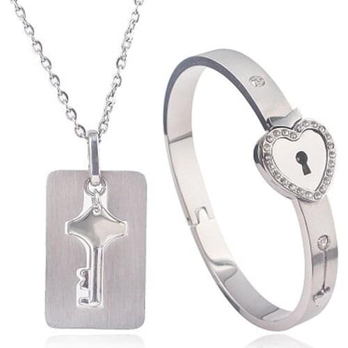 New Black/Gold Titanium Steel Jewelry Sets Heart Love Lock Bracelet Key Necklace For Couples Woman Man Wedding Set Gift