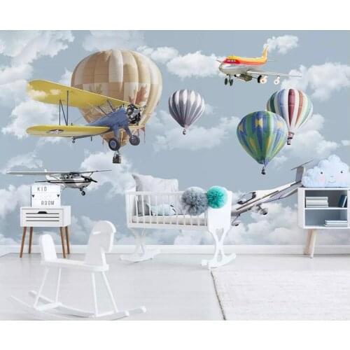 Beibehang Mural wallpaper hand drawn cartoon airplane balloon children room background wall kindergarten decoration 3d wallpaper