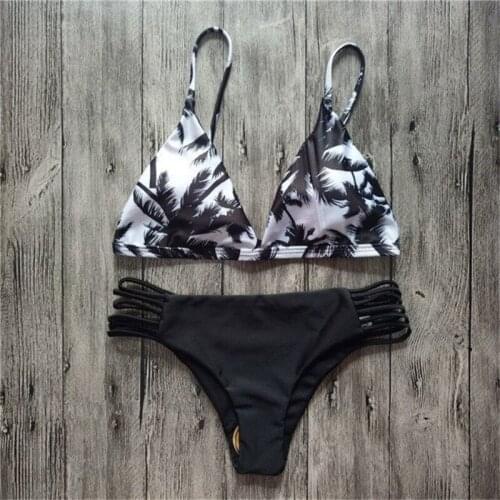 2018 New Style High Waist Swimwear Women Sexy Bandages Bottom Bikinis Bathing Suit Tropical Coconut Tree Backless Swimsuit