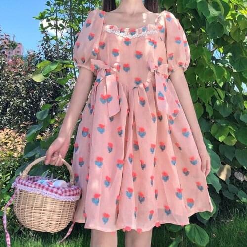 Summer Square Collar Cute New Kawaii Puff Sleeve Sweet Dresses Elegant Sweety Loose Fairy Dress Girl Strawberry Bow Pink White