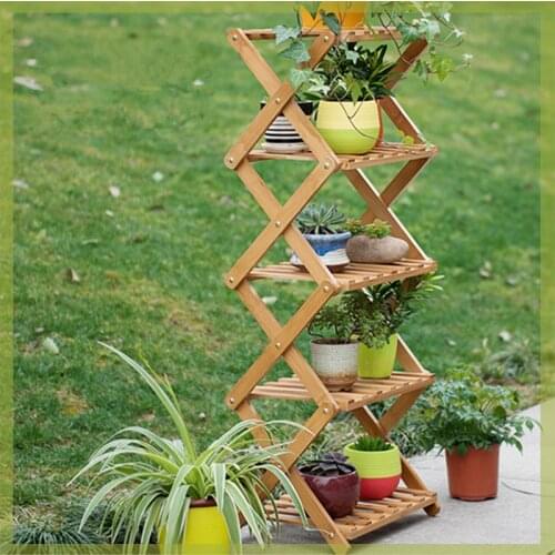 Free Installed Folding Bamboo Flowerpot Shelf Creative Flower-stand Storage Holders Home Decoration Original Color Potted Shelf