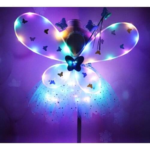 Girl LED Butterfly Wings Set withTutu Skirt Fairy Wand Headband Fairy Princess Light Up Party Carnival Costume props 2-8T