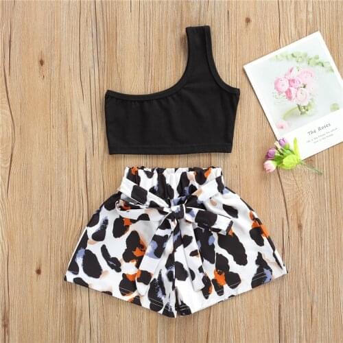 2 Piece Toddler Summer Outfits Set Sleeveless One Shoulder Solid Color Crop Top and Tie-up Leopard Shorts for Girls 2-7 Years