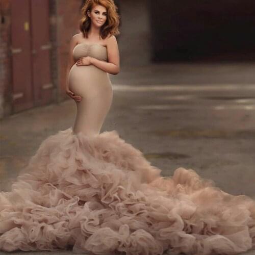 Strapless Mermaid Pregnant Women Evening Dress Tiered Ruffles Sweep Train Prom Gowns Plus Size Sexy Party Dress