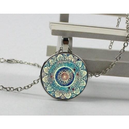 Vintage Glass Dome Necklace Buddhist Glass Round Pendant Jewelry Om Indian Yoga Mandala Necklace Unisex
