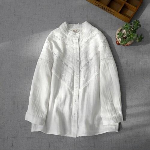 Lamtrip Unique Retro Hollow Out Embroidery Hook Linen Cotton Lace Edged Stand Collar Long Sleeve Shirt Blouse Mori 2021 Autumn
