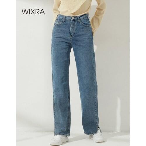 Wixra Side Opening High Waist Jeans Women Streetwear Straight Jean Femme Blue Black 100% Cotton Cargo Denim Pants