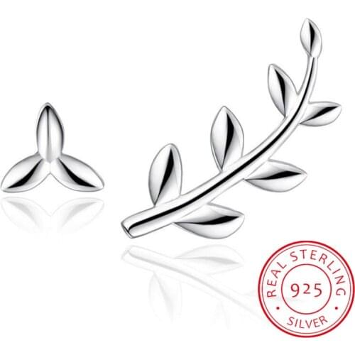 Fashion Asymmetric Olive Branch Tree Leaves Studs Earrings for Women Authentic 100% 925 Sterling Silver Fine Jewelry