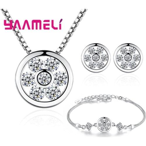 925 Sterling Silver Jewelry Sets AAAAA Cubic Zircon Pendant Necklace Stud Earrings Bracelet Crystal Flower for Women Fashion