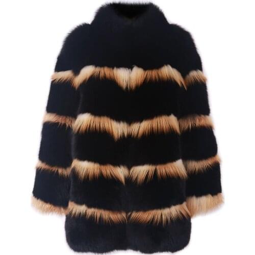 YOLOAgain Winter Autumn Warm Women Stand Collar Real Fox Fur Coat Ladies Black Long Fur Coat