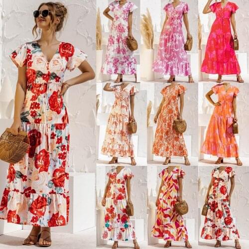 Summer Robe Femme Floral Print Long Dresses Womens Clothing 2021 Short Sleeve Ruffles A-Line Dress For Woman Vestido De Mujer