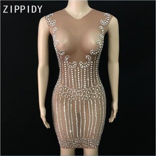 Fashion Rhinestones Sleeveless Mesh Dress See Through Silver Stones Dress Nightclub Singer Show Wear Womens Dress
