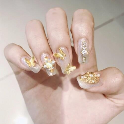 New cream pure color with golden butterfly decoration 3d decorated fake nails french bride false nails 24pcs full nail tips