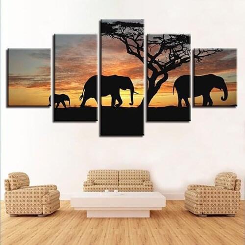 5 Pieces Wall Art Canvas Painting Animal Poster Elephant Family On Sunset Modular Picture Modern Living Room Decorative Frame