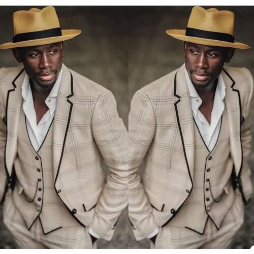 Fashion Vintage Check Men Tuxedos Two Buttons Notched Lapel Blazer Slim Fit Streetwear Party Prom Suits 3 Pieces