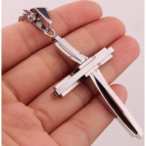 Mens Top Polished Cross Pendant Necklace Jewelry Gift Free 316L Stainless Steel 4mm Wide Curb Cuban Link Chain