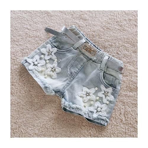 High Quality Girls Fashion Denim Shorts With Pearls 2020 Summer Childrens Tassels Star Spliced Short Pants Kids Hot Trousers X9