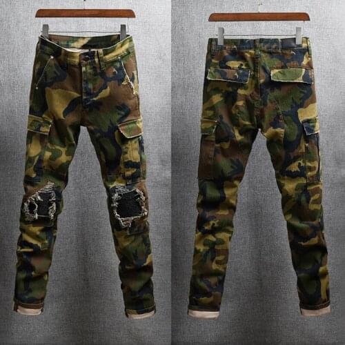 Fashion Streetwear Men Jeans Slim Fit Camouflage Pathes Designer Ripped Denim Punk Trousers Big Pocket Hip Hop Cargo Pants Homme