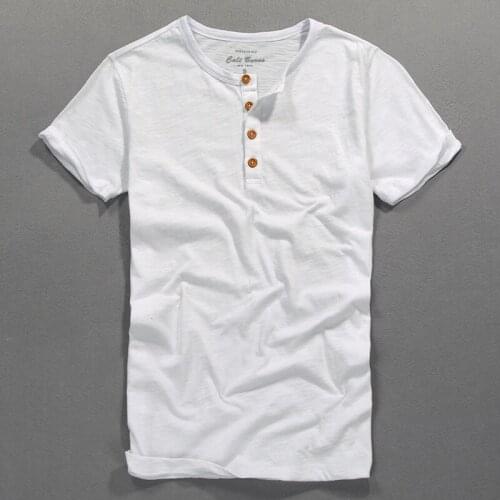 Summer Fashion Vintage Fit Men Bamboo Cotton Mens T-Shirt Short Sleeve Button-Neck Casual Thin Tops Tees Comfortable Tshirts
