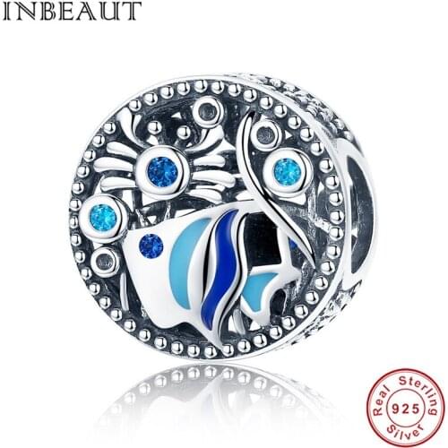 INBEAUT 100% 925 Sterling Silver Deep Ocean Undersea World Blue&White Fish Bubble Carved Beads Charm fit Original Bracelet S925