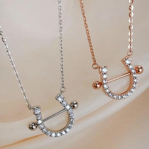 High Quality Titanium Steel Double Wound U Numerals Crystal Horseshoe Shaped Necklace For Women Gift Jewelry