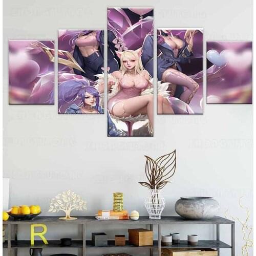 Kda Ahri Kaisa Evelynn Akali Sexy LoL Painting On Canvas Print Type And On The Wall Decor Artwork 5 Panel Style Game Poster