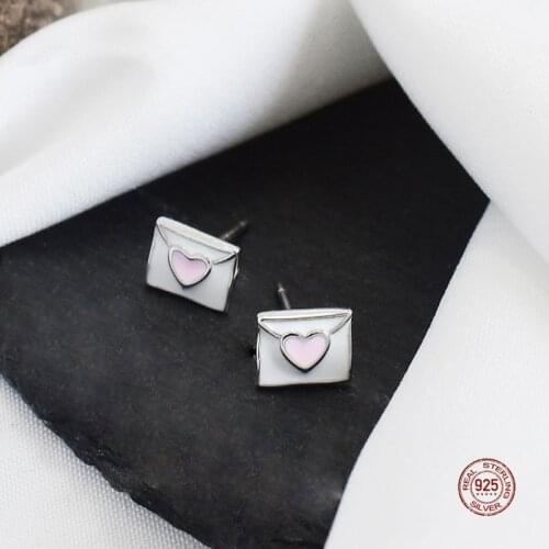 LKO Drop Glaze Enamel Love Heart Envelope Stud Earrings 925 Sterling Silver Earrings For Women Girl Friend Jewellery Gifts