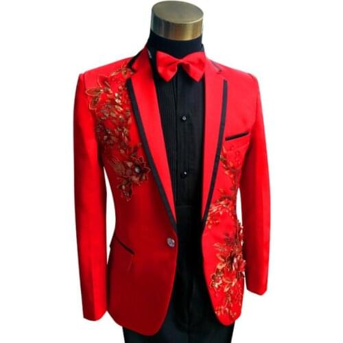 Blazer men groom suit set with pants mens wedding suits stage Three-dimensional embroidery personality formal dress red