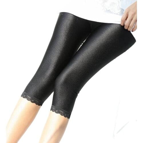 2020 fashion new large size 5xl solid pencil pant floral lace spliced knee length capris women king size black neon shine pants
