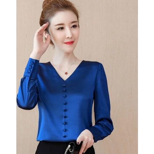 2021 New Women Autumn Long Sleeve Shirt Fashion V Neck Slim Imitation Silk Stain Blouse Korean Elegant Ladies Office Shirts Q645
