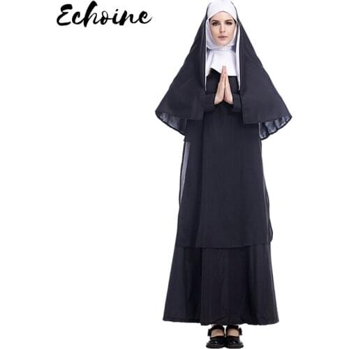 Echoine New Virgin Mary Dress Sexy black Nun Arabic Religious Monk Ghost Cosplay Uniform Halloween Party Dress Costume