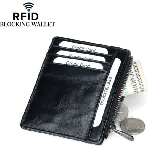 New Men Genuine Leather Zipper Slim Wallet Coin Purse Credit Card Cash Holder Case RFID Blocking Cowhide Luxury Wallet Cards Bag